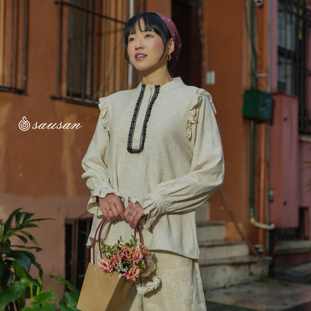 Sausan - Ankara Latife Blouse - Atasan Blouse Wanita Linen Willaw Natural