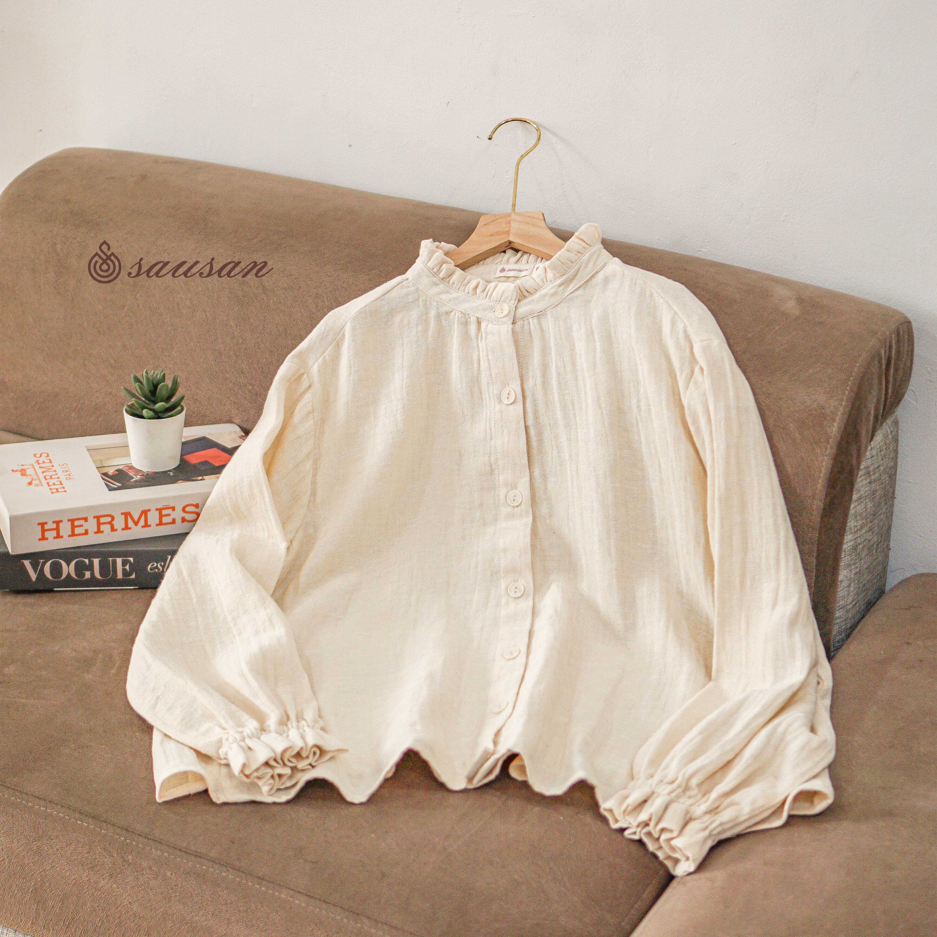 LEANNA BLOUSE-ATASAN BASIC WANITA VINTAGE LINEN PREMIUM