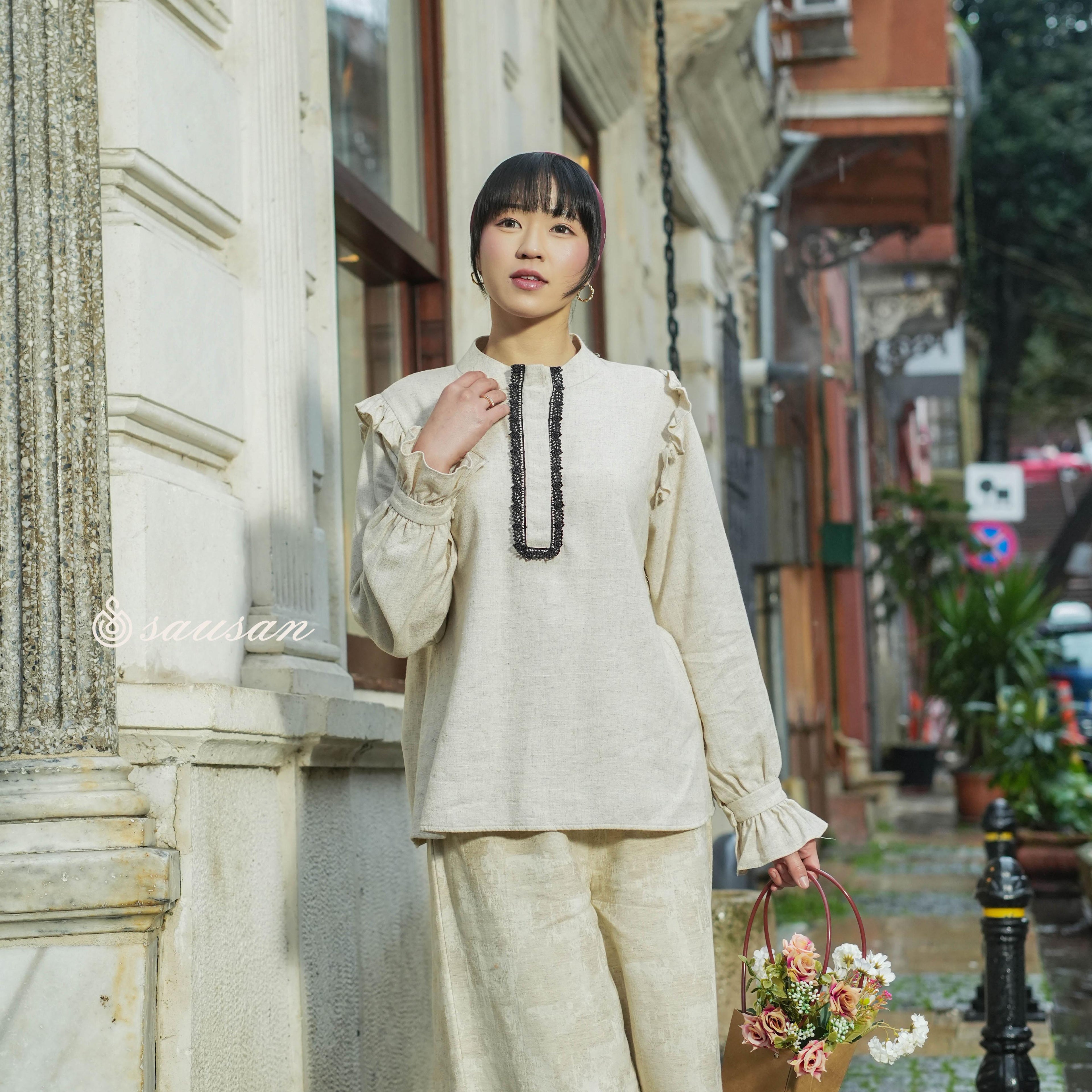Sausan - Ankara Latife Blouse - Atasan Blouse Wanita Linen Willaw Natural